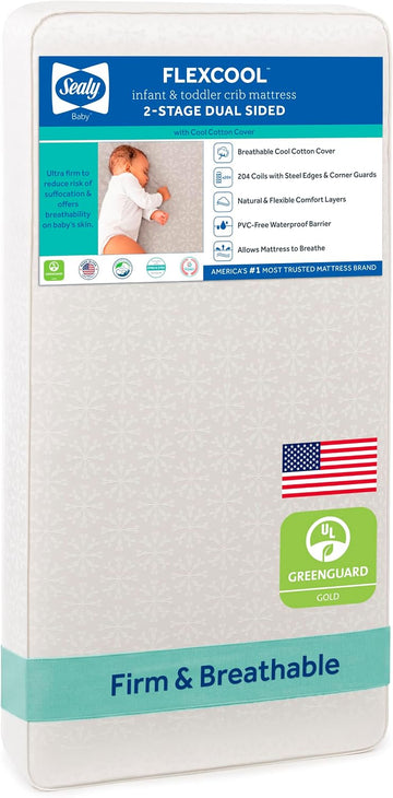 Flex Cool 2 Stage Crib Mattress and Toddler Bed Mattress, Breathable Hybrid Coil Design, Waterproof Cotton Surface
