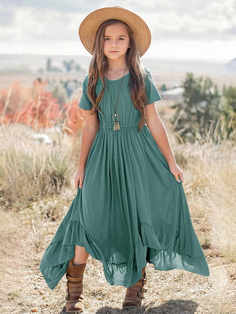 Tween Girls Maxi Dress Short Sleeve Casual Flowy Boho Style Summer Long Dress for Girls Big Kids