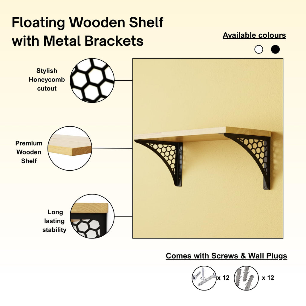 Wall Shelf with Wooden Top Black|White Iron Brackets Storage Rack|Industrial Wall-Mounted Floating Shelf (Black