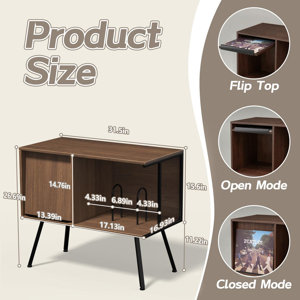 Record Player Stand with Flip-Down Record Shelf, Walnut