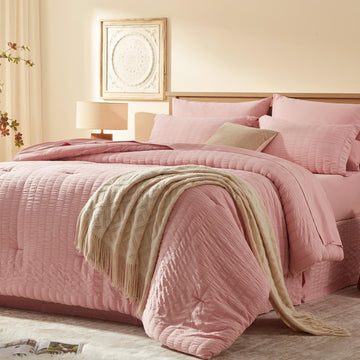 Full Comforter Sets 7 Pieces, Pink Seersucker Bed in a Bag Set Full, All Season Luxury Bedding Sets with Comforter