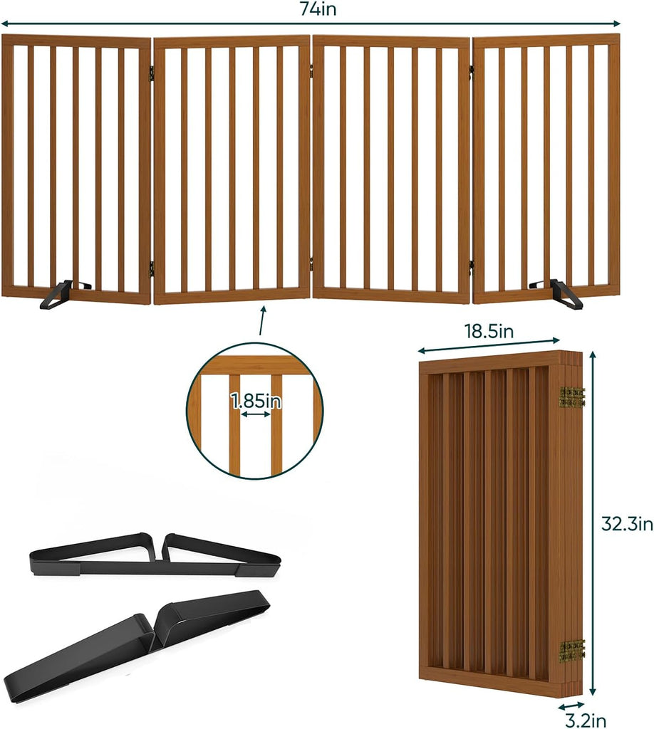 32" H Extra Tall Freestanding Dog Gates Indoor, 4-Panel Bamboo Wood Door Gates for Pets with 2 Metal Stands