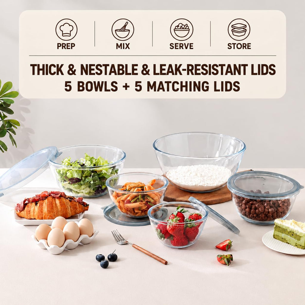 Cuiselct 5pcs Glass Mixing Bowls with Lids Set, Nesting Mixing Bowls Set