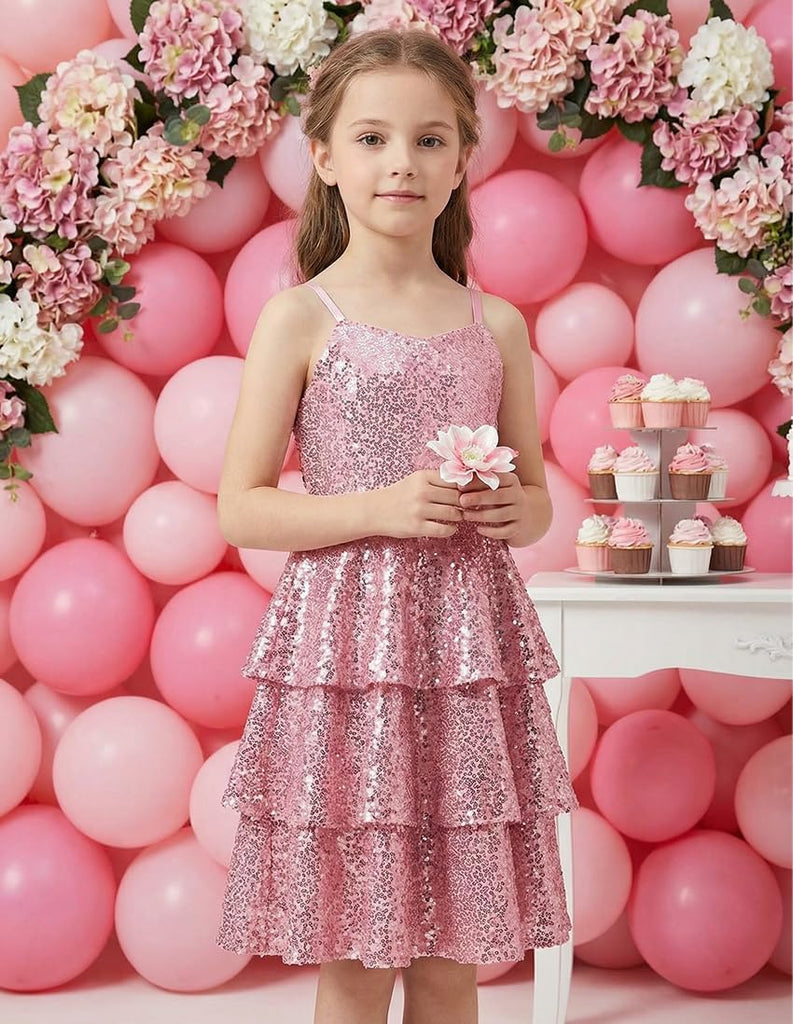 Girls Sequin Formal Dresses Kids Party Special Occasion Fancy Dress Tie Back 3 Layer Prom Graduation Outfits