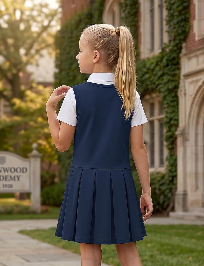 Girls 2 in 1 School Uniform Dress Short Sleeve Pleated Jumper Button Down Shirts Dresses