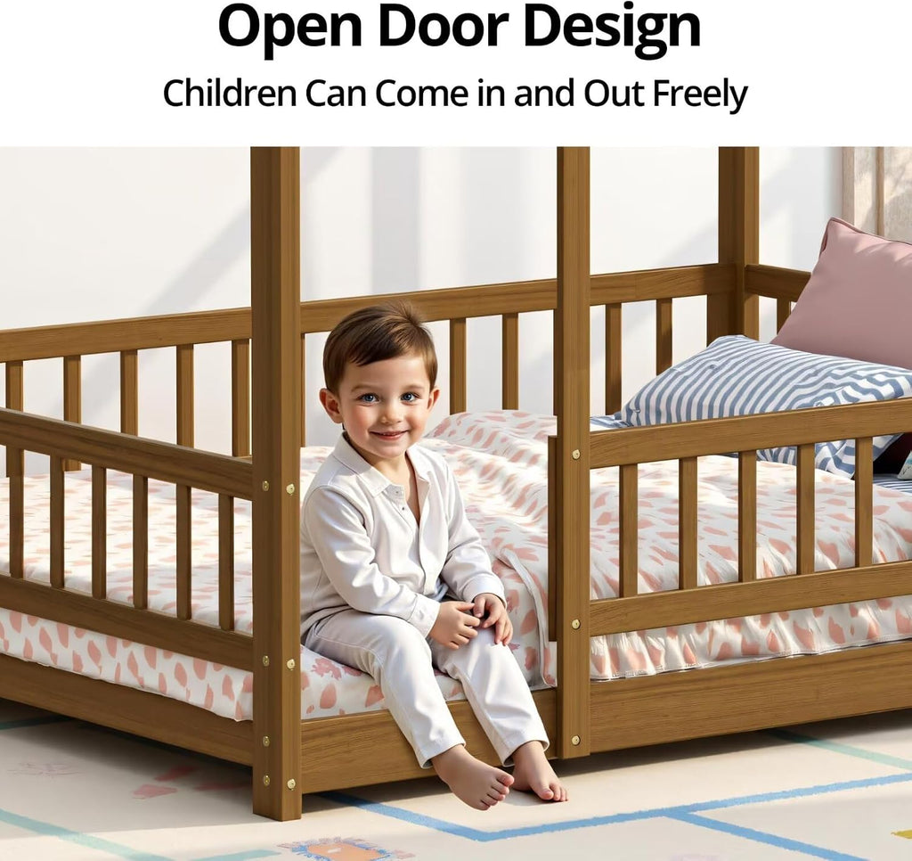 Queen Size Montessori Floor Bed Frame with Slats and Fence, Wooden House Bed for Boys Girls Bedroom, Light Espresso