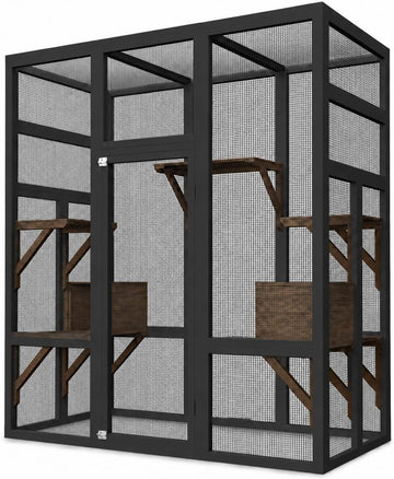 70" Catio Outdoor Cat Enclosure, Wooden Patio Cat House, Black
