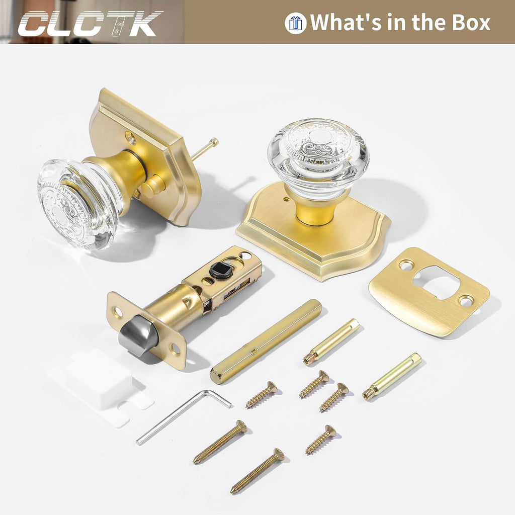 Crystal Glass Door Knob Interior with Lock, Privacy Gold Door Knob Bathroom, Satin Brass