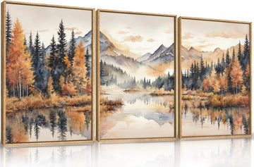 Large Neutral Mountain Framed Canvas Wall Art,Nature Foggy Forest Wall Decor,Watercolor Autumn Landscape Wall