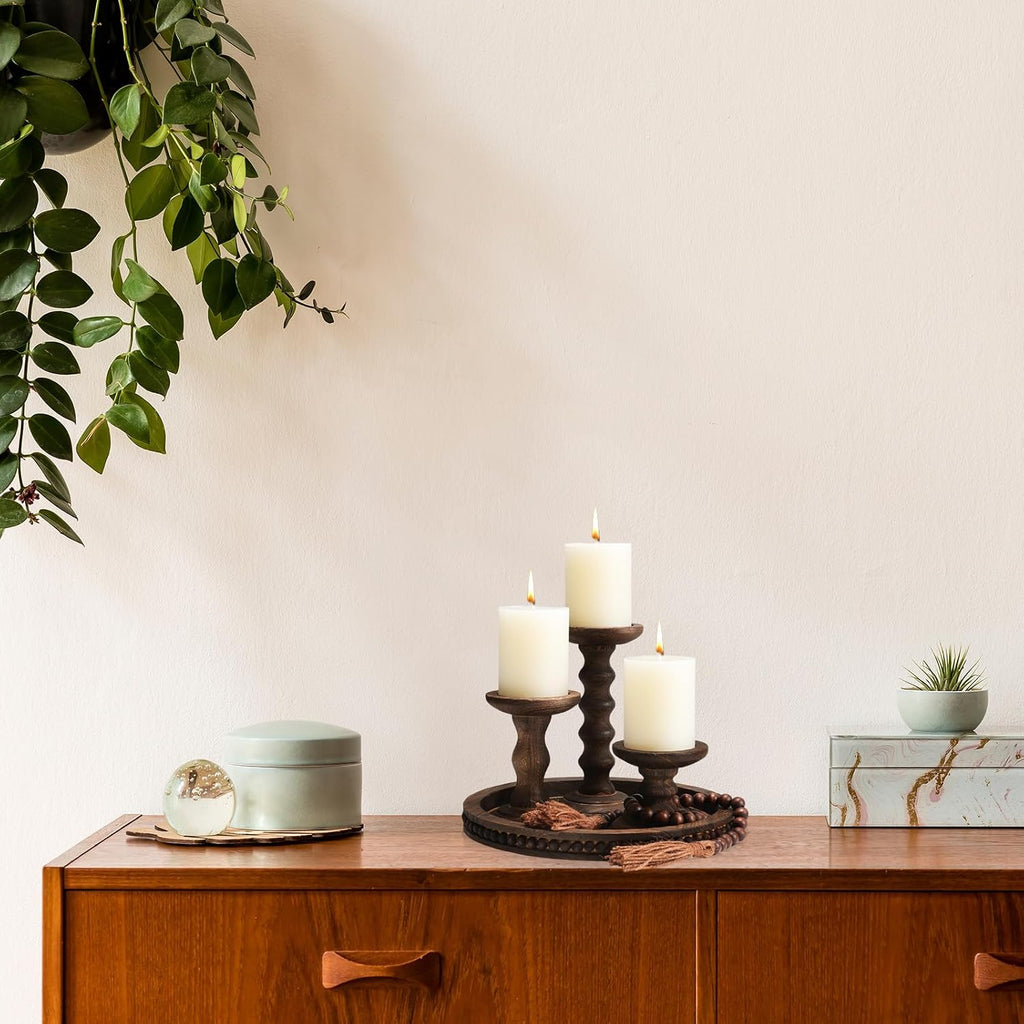 8 Pcs Farmhouse Wood Candle Holders with Pillar Candles Set Wooden Rustic Candle Holders Round Decorative Serving