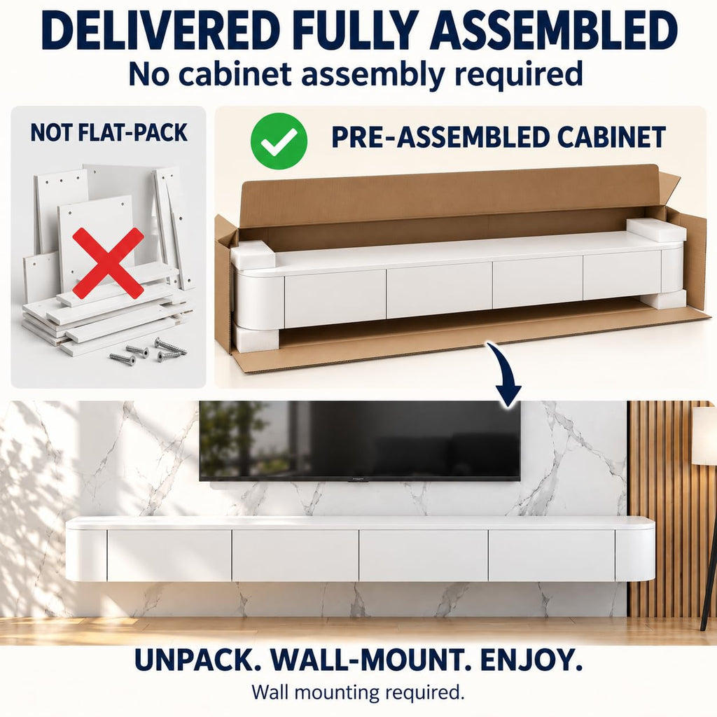 Floating TV Stand, 47-118" Wall Mounted TV Shelf, Floating TV Consolewith Flip-Down Doors & Drawers, Modern TV Media