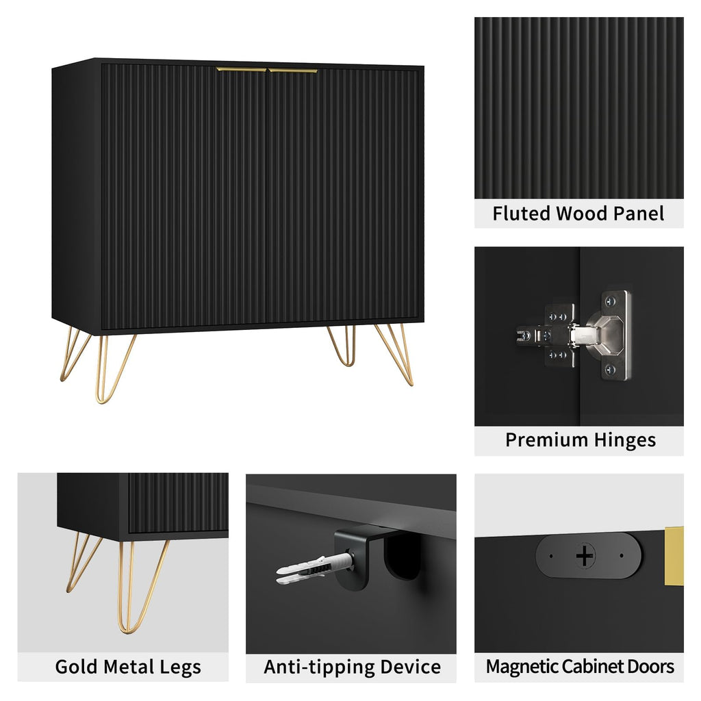 Fluted Storage Cabinet Sideboard Accent Cabinet with 2 Doors, Black, 1PC丨Buffet Cabinet with Metal Legs and