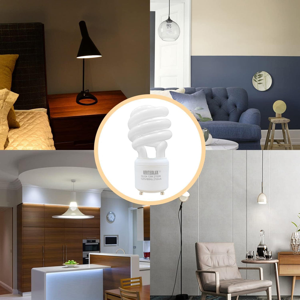 T2 Spiral CFL GU24 2 Prong Light Bulb Base 2700K 900lm 120v 60Hz Light Bulb- Mini Twist Lock Spiral -Self