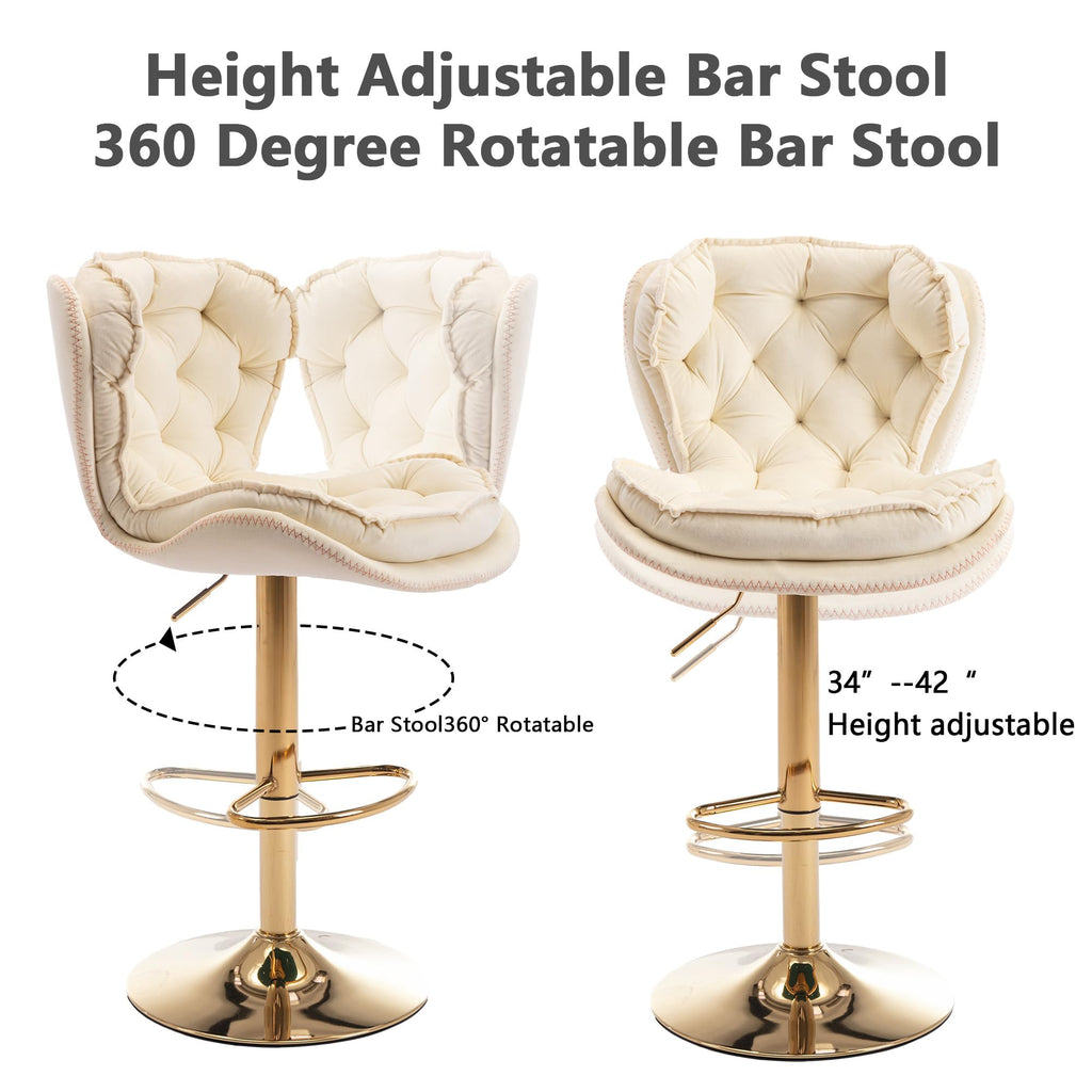 Bar Stools Set of 2, Modern Adjustable Counter Height Swivel Barstools with Velvet Tufted Upholstered Island, 360