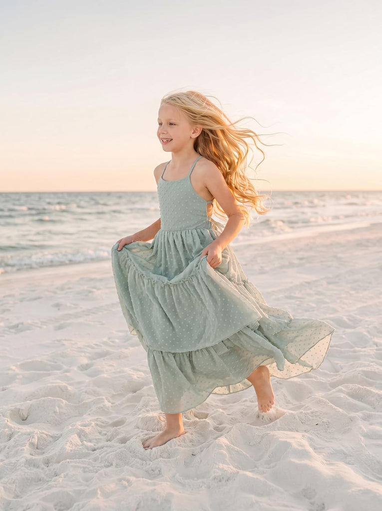 Boho Flower Girl Dresses Swiss Dot Chiffon Girls Backless Dress Beach Wedding Flowy Summer Maxi Gown