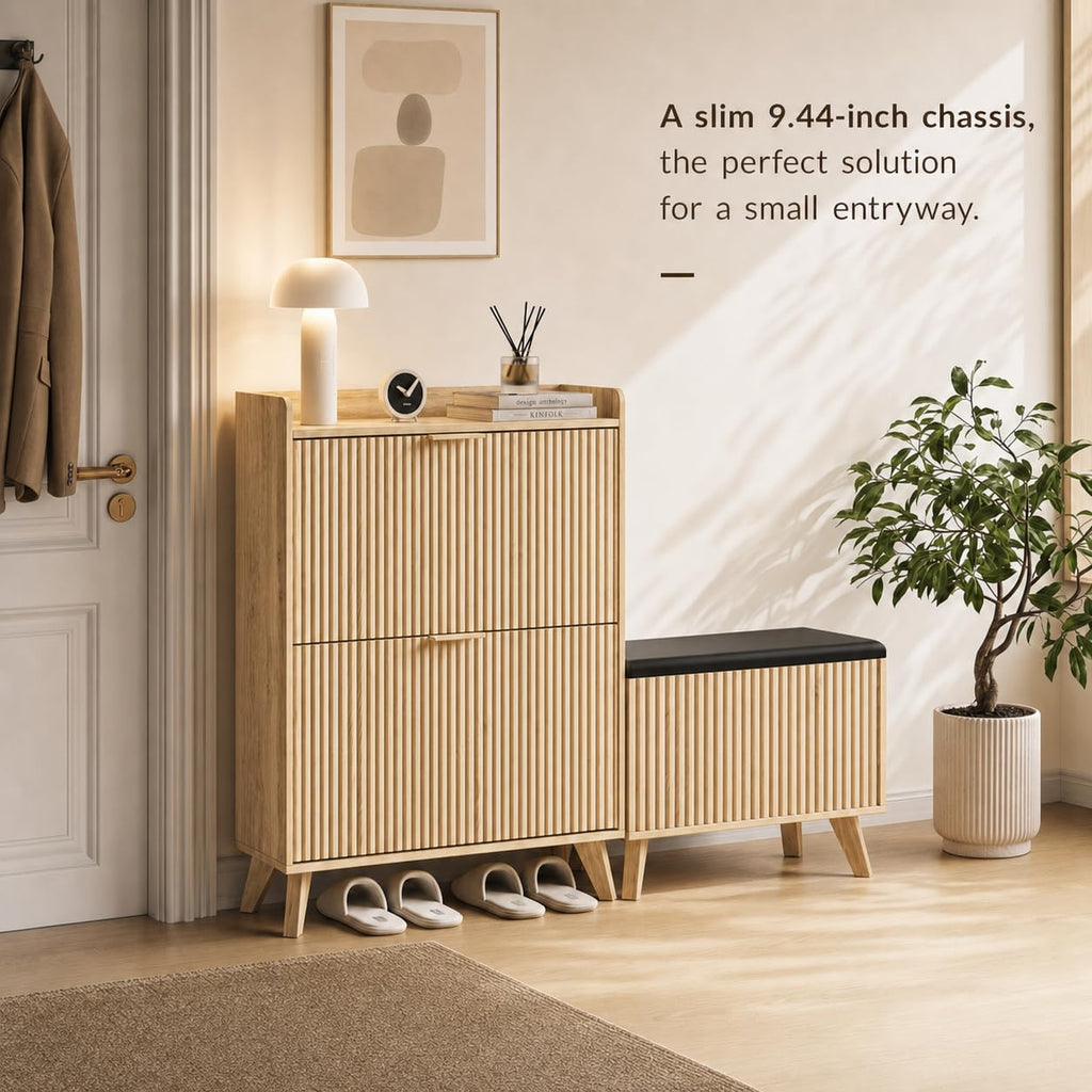 Shoe Cabinet with Bench, Fluted Entryway Shoe Storage with 2 Flip Drawers, Narrow Hidden Organizer, Adjustable Shelf