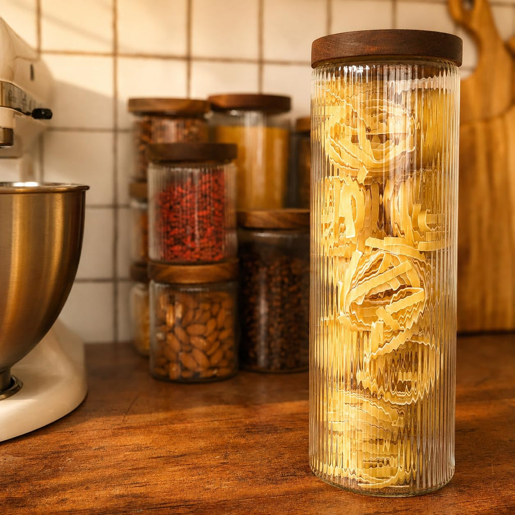 Ribbed Glass Canisters or Spaghetti Jars with Airtight Wood Lid- Tall Storage Containers for Pasta, Cereal or Flour