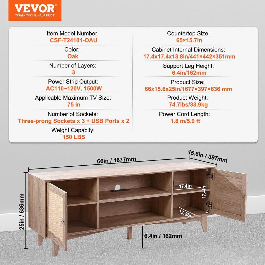 Rattan TV Stand, Mid Century Modern TV Stand for 75 inch TV, Boho Rattan TV Cabinet with Build-in Socket and USB