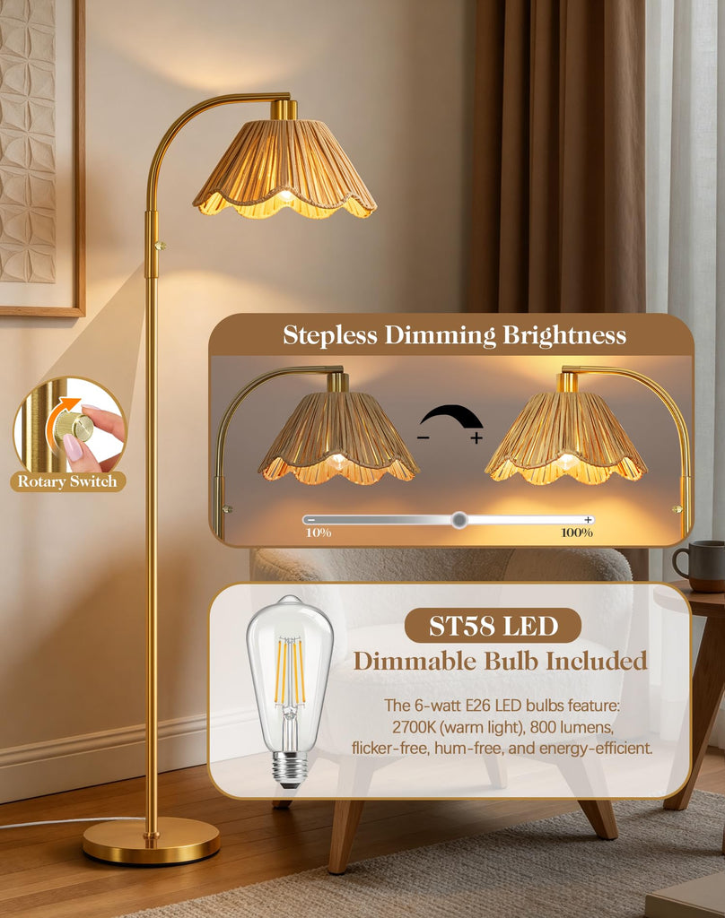 Gold Floor Lamp, Modern Standing Lamp with Raffia Lampshade, Stepless Dimmable Rotary Switch, 63" Farmhouse