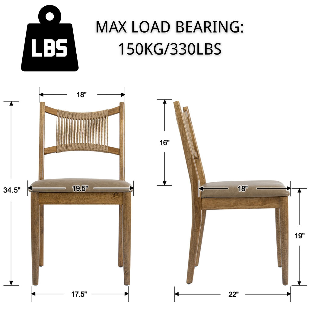Wooden Dining Chairs Set of 4 PU Leather Upholstered Dining Room Chairs Kitchen Side Chair with Woven Seagrass Back