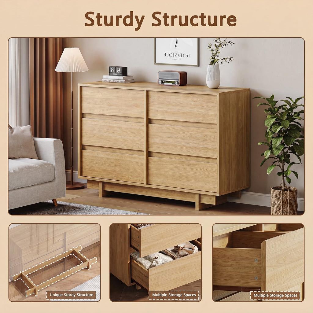 Oak Dresser, 47in Modern 6 Drawer Chest of Drawers