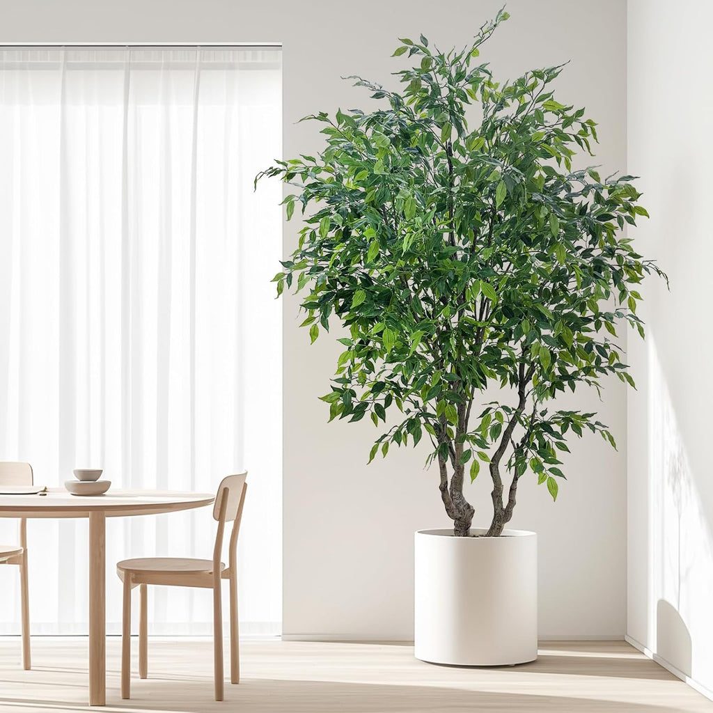 8FT Artificial Ficus Tree - Lifelike Faux Indoor Tree with Natural Trunk, Large Fake Plant & Commercial Interior Decor