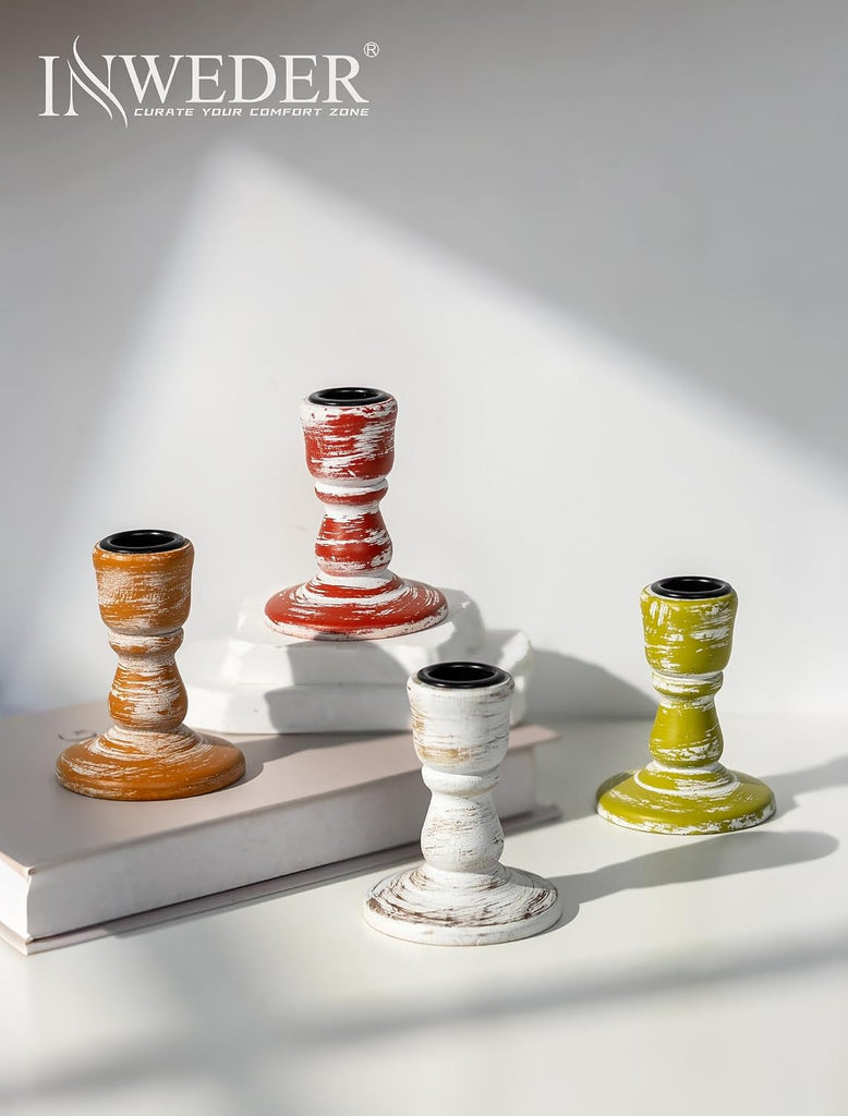 Fall Table Decor Rustic: Wooden Candlestick Holders - Set of 4