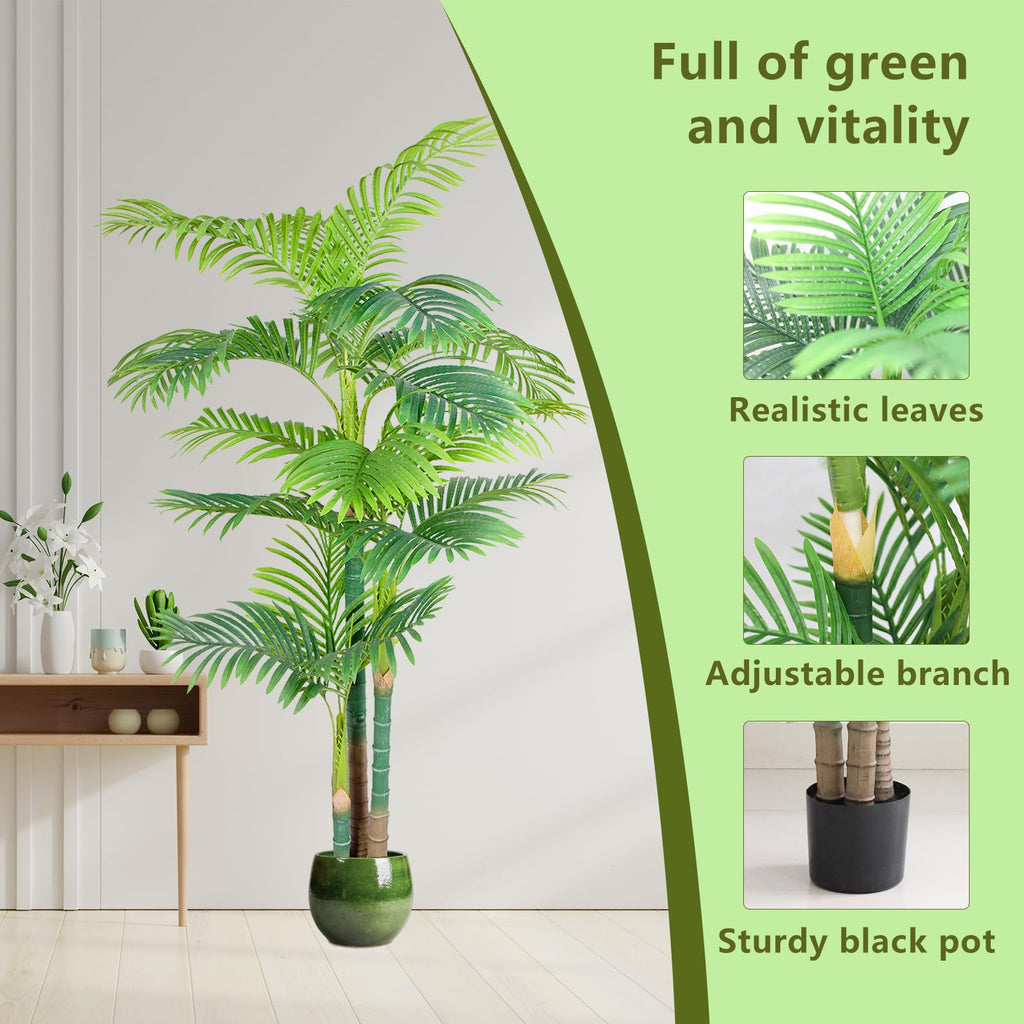 Fake Palm Trees 6FT 2pcs, Artificial Golden Cane Palm Tree 72IN, Green Large Tropical Palm Fake Plant in Pot for