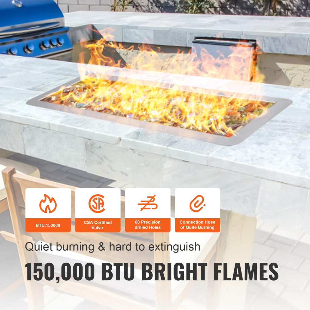 36 x 12 inch Drop-in Fire Pit Pan, Rectangular Stainless Steel Fire Pit Burner Kit, Propane Fire Pan 150, 000 BTU with