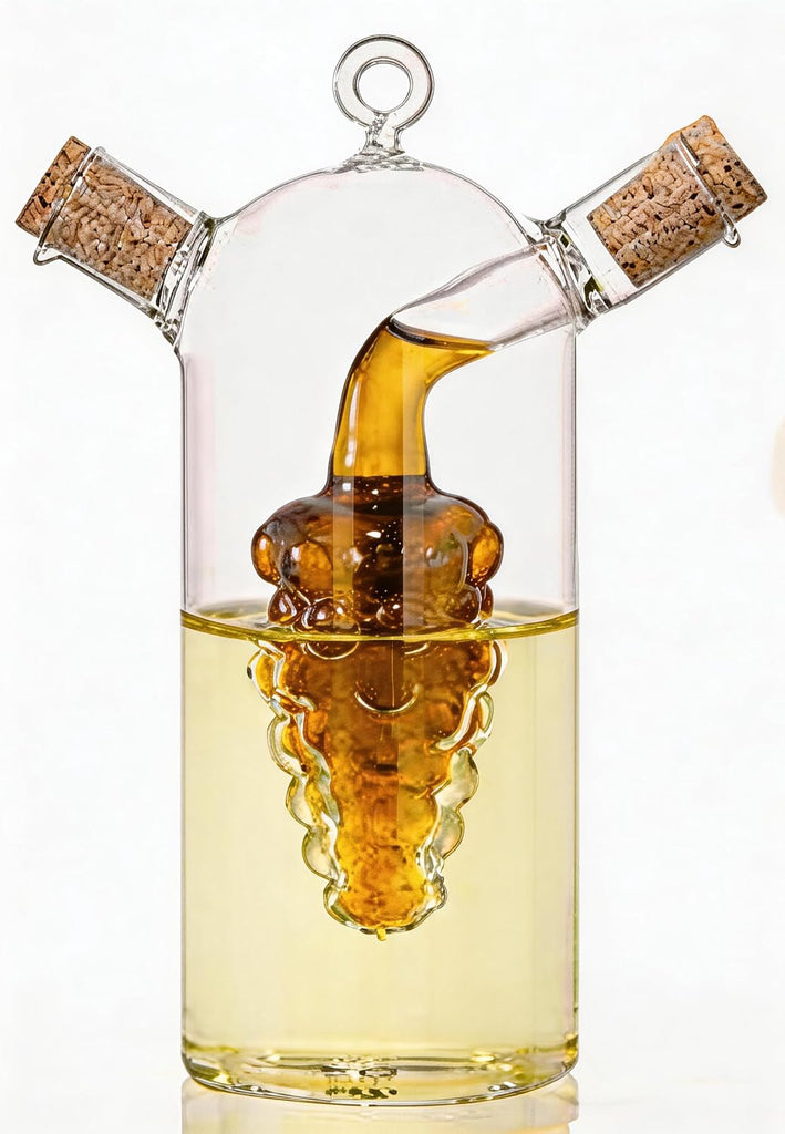 Grape Motif 2 in 1 Glass Oil and Vinegar Cruets,Dual Chamber Bottle