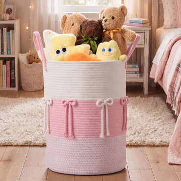 Coquette Pink Bow Laundry Basket 17.7 x 15 Inches Coquette Storage Basket for Girls Nursery Hamper Foldable Cotton