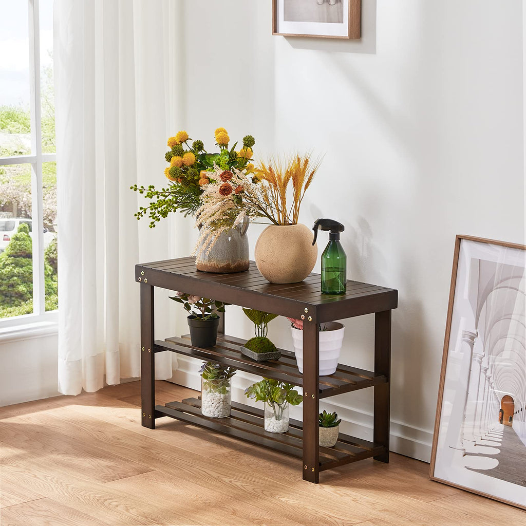 3 Tier Bamboo Shoe Rack Bench, Brown
