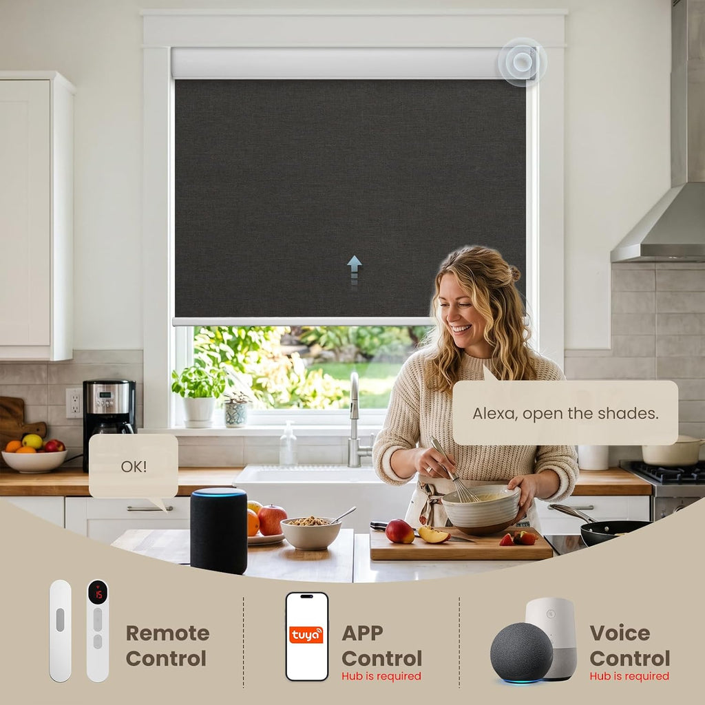 Motorized Blinds with Remote, Blackout Roller Shades, Black, 24x72 | Smart Automatic, 100% Blackout Cordless