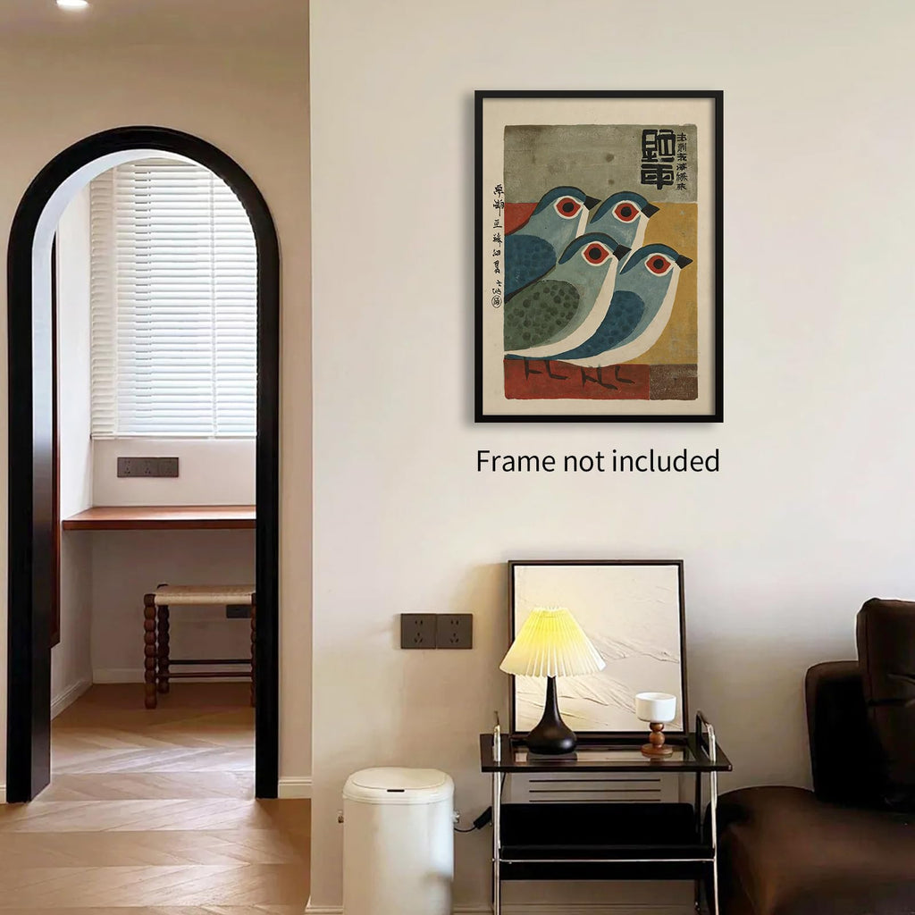 Mid Century Japanese Bird Wall Art Retro Blue Bird Canvas Poster Modern Minimalist Abstract Animal Prints Bedroom