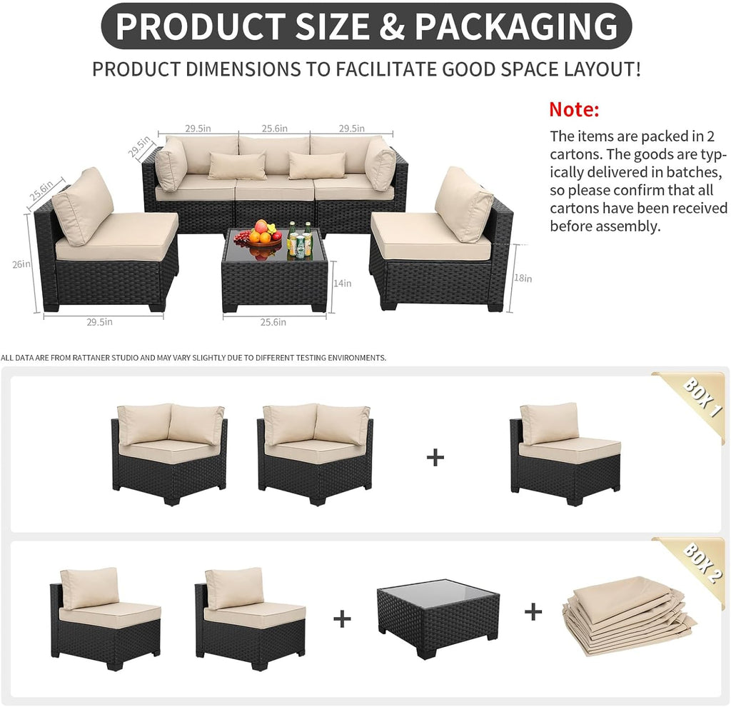 Patio Sectional 6 Pieces All-Weather Wicker Patio Furniture Set Outdoor Sectional with Glass Table Non-Slip Cushions