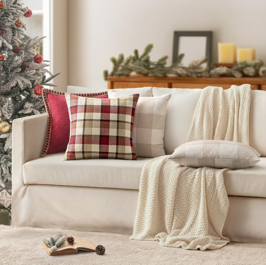 Christmas Decorative Plaid Pillow Covers Red and Tan 20x20