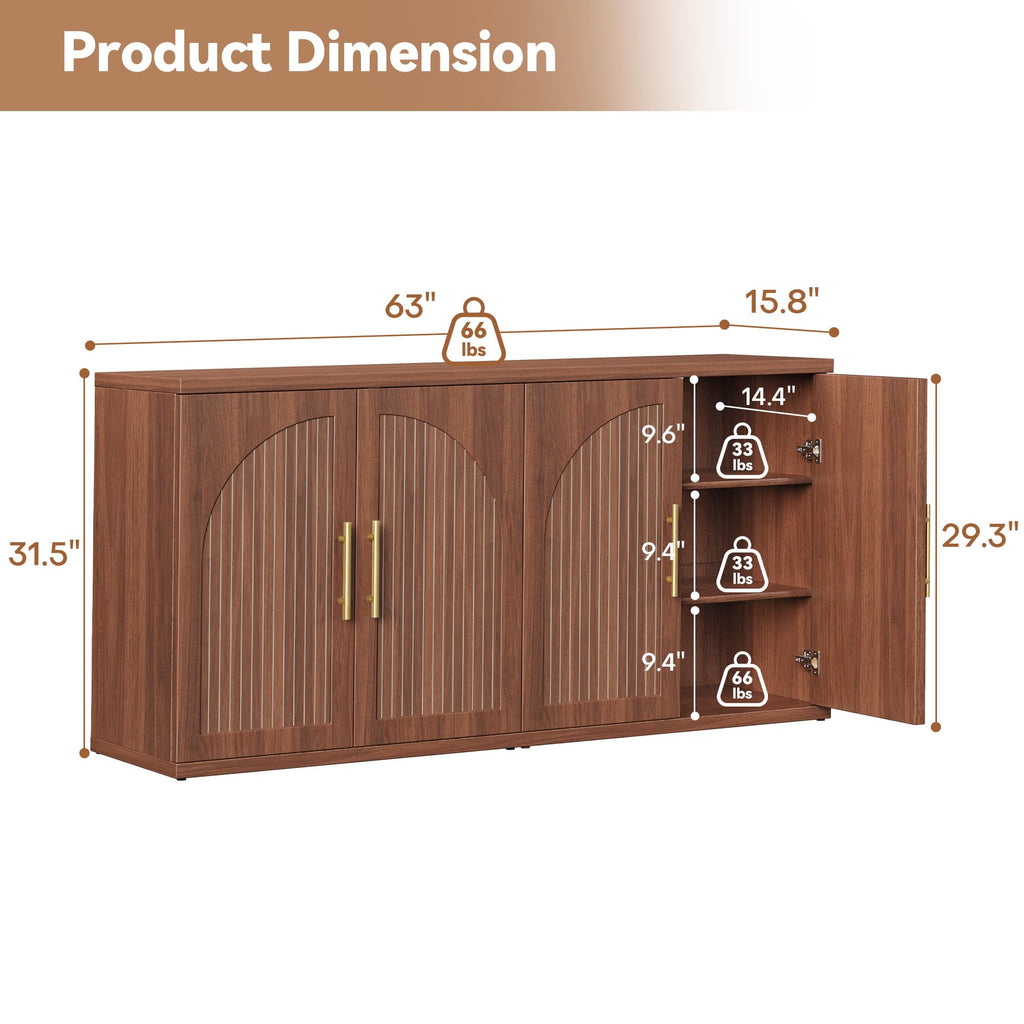 63" Fluted Buffet Cabinet, Walnut Credenza with Adjustable Shelf