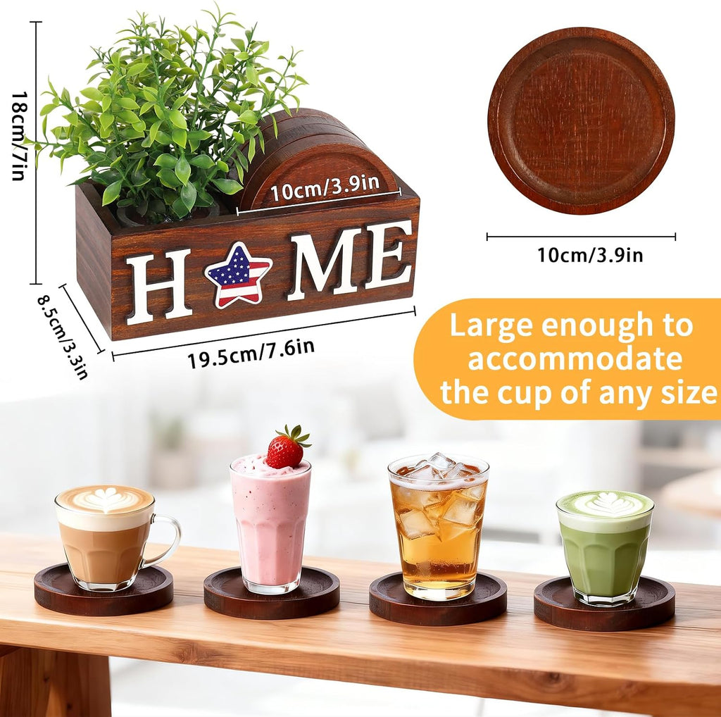 Wood Coasters for Drinks with Holder for Table Decor - Set of 4