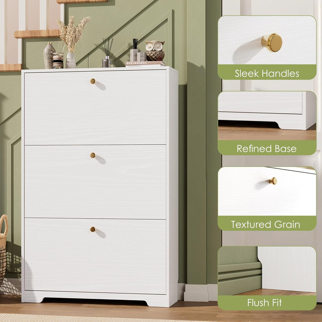 Shoe Cabinet with 3 Flip Drawers, Narrow Shoe Organizer Cabinet, Freestanding Shoe Rack Cabinet, Modern Shoe Storage