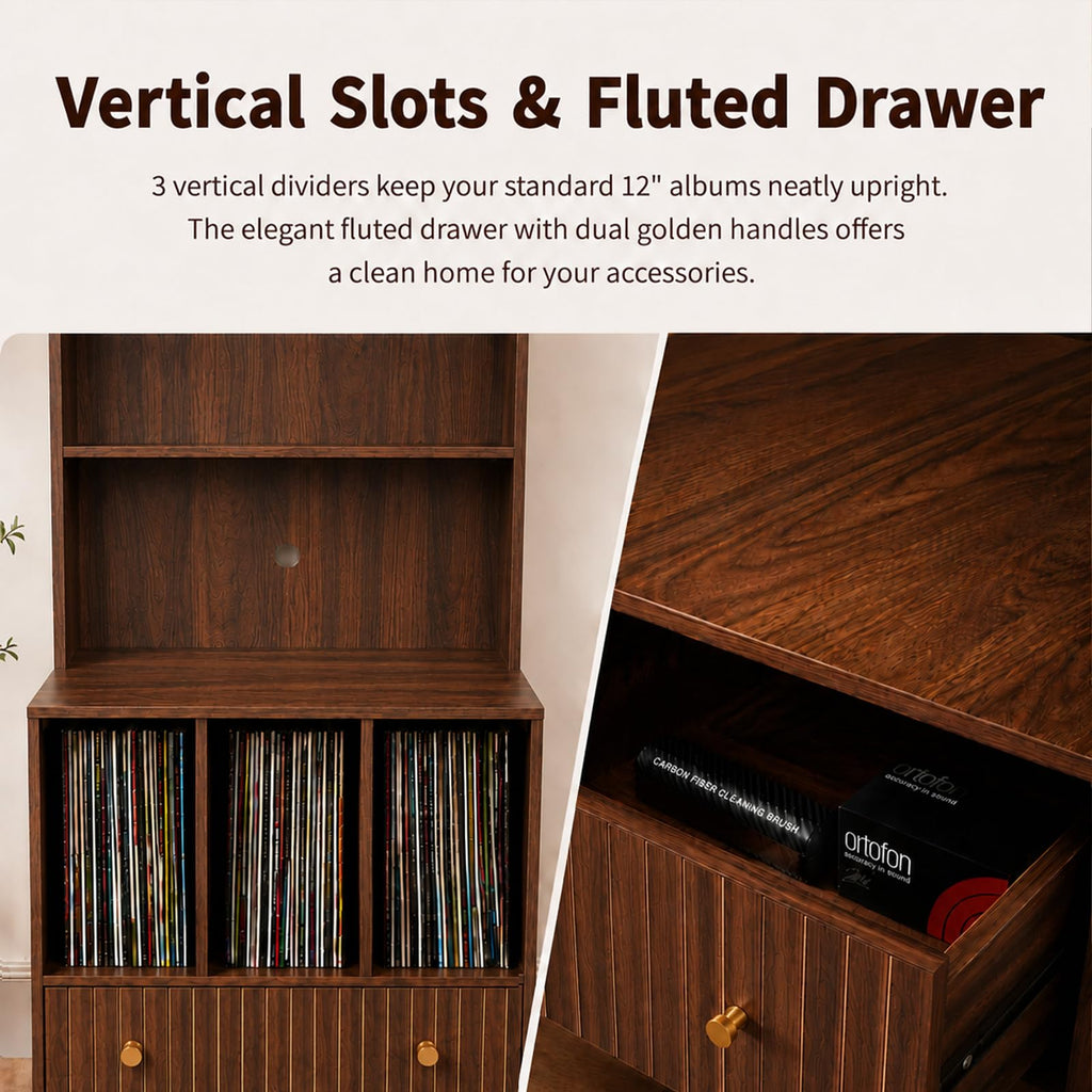 MCM Tall Record Player Bookshelf, Walnut Turntable Stand with Vinyl Storage, Drawer & Speaker Shelf, Record Player