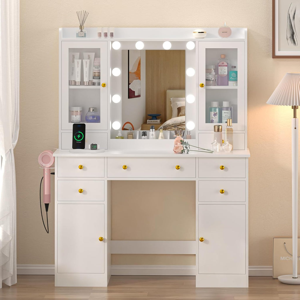 White Makeup Vanity Desk with Mirror and Lights, Smart RGB Light | Vanity Table with Charging Station & 7 Drawers