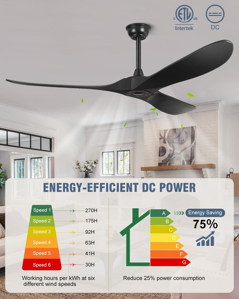 60" Ceiling Fan Without Light Black Solid Wood Outdoor Ceiling Fan No Light