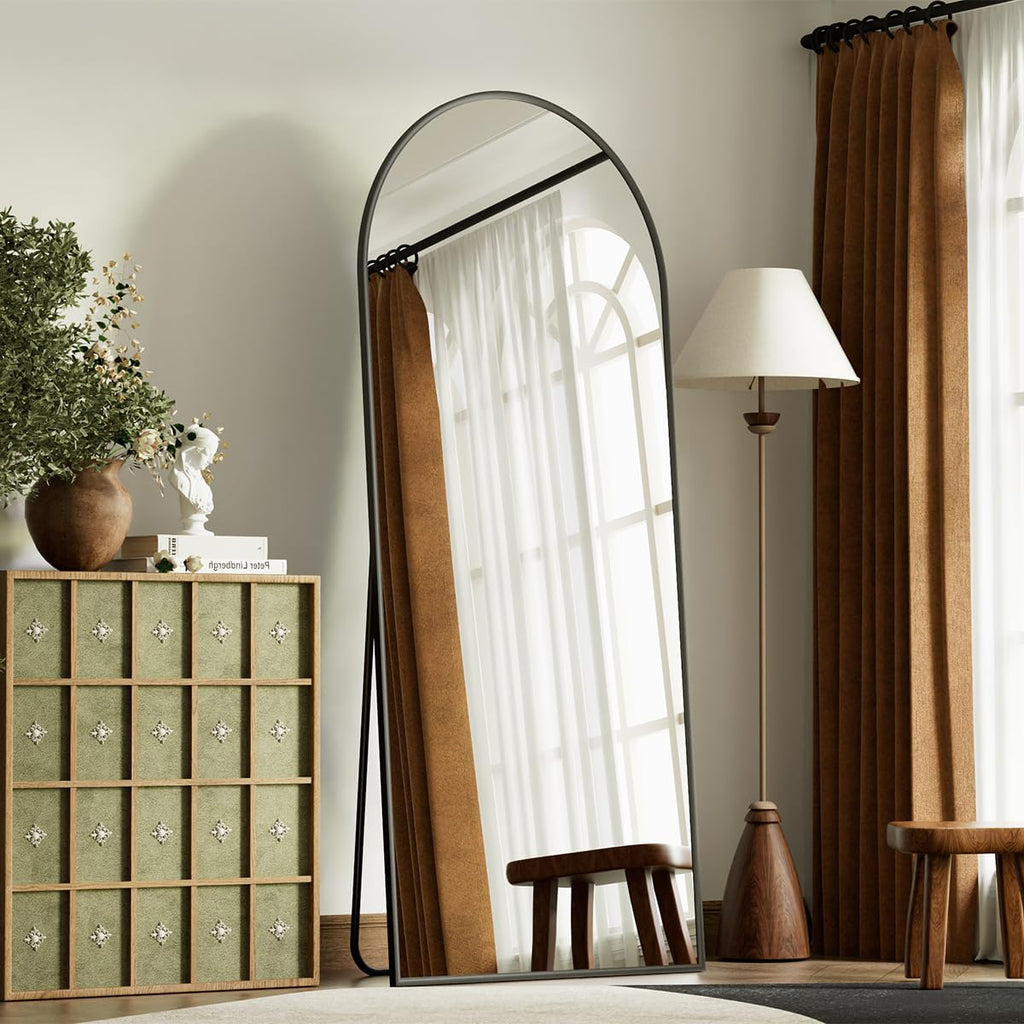 Arched Full Length Mirror, 64" x 21" Arch Black Floor Mirror with Stand