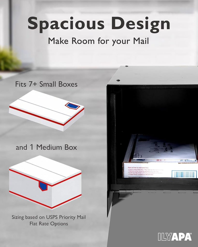 Modern Mailbox Post Mount - 21x8x10 Gray with Black Door Powder Coated Steel, Waterproof Letter Box for Parcels
