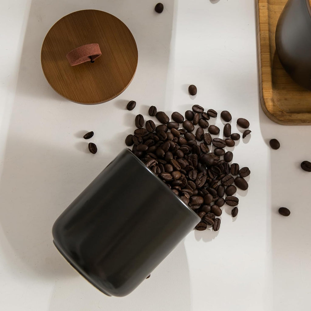 Black Ceramic Canister Set with Wooden Lid, 3-Piece Food Storage Jars Counter, Storage Container for Coffee, Tea - Set of 3