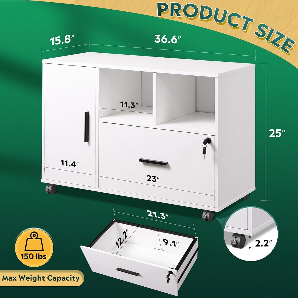 Office File Cabinet with Lock, 1-Drawer Wood Lateral Filing Cabinet on Wheels, Printer Stand with Open Storage