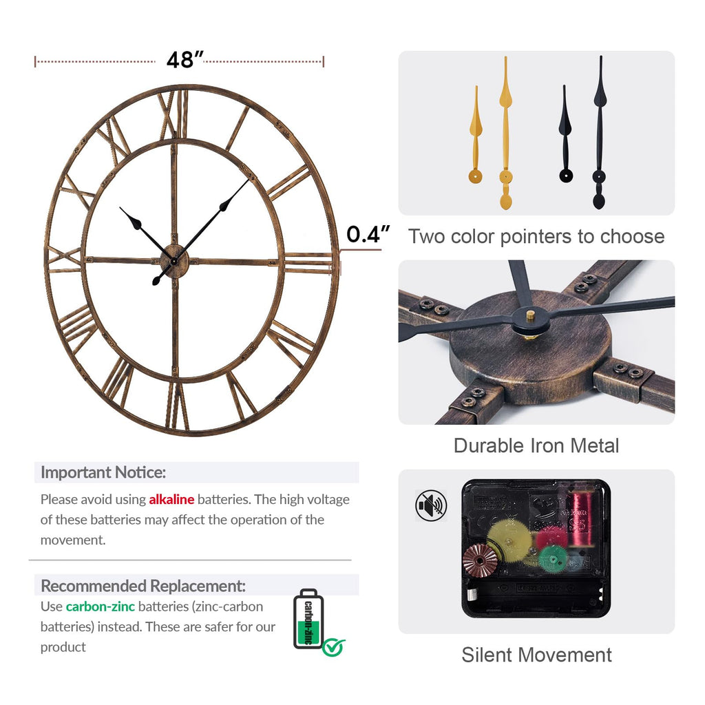 32 Inch Large Silent Wall Clock, Easy Assembly Roman Numeral Bronze