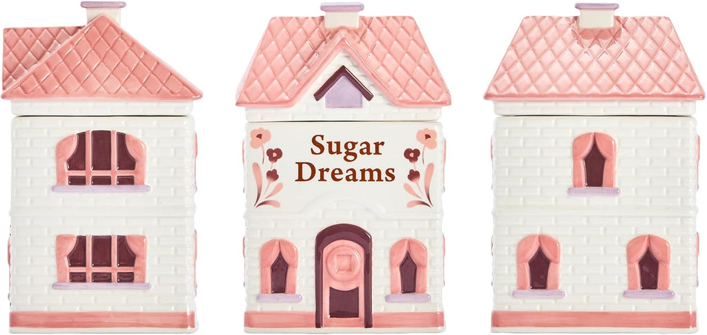 Spice Cottages 7.5-Inch Pink Ceramic Cookie Jar, Hand-Painted House-Shaped Airtight Container for Cookies, Treats &