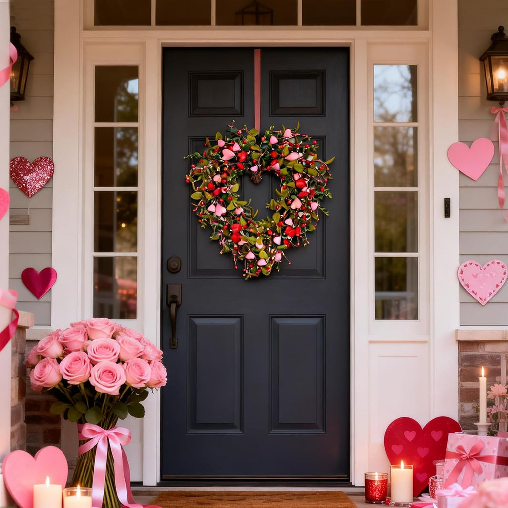 22 Inch Valentine Heart-Shaped Wreath, Pink Flower Heart Berry Green Leaf Decor for Front Door Window Wall Porch