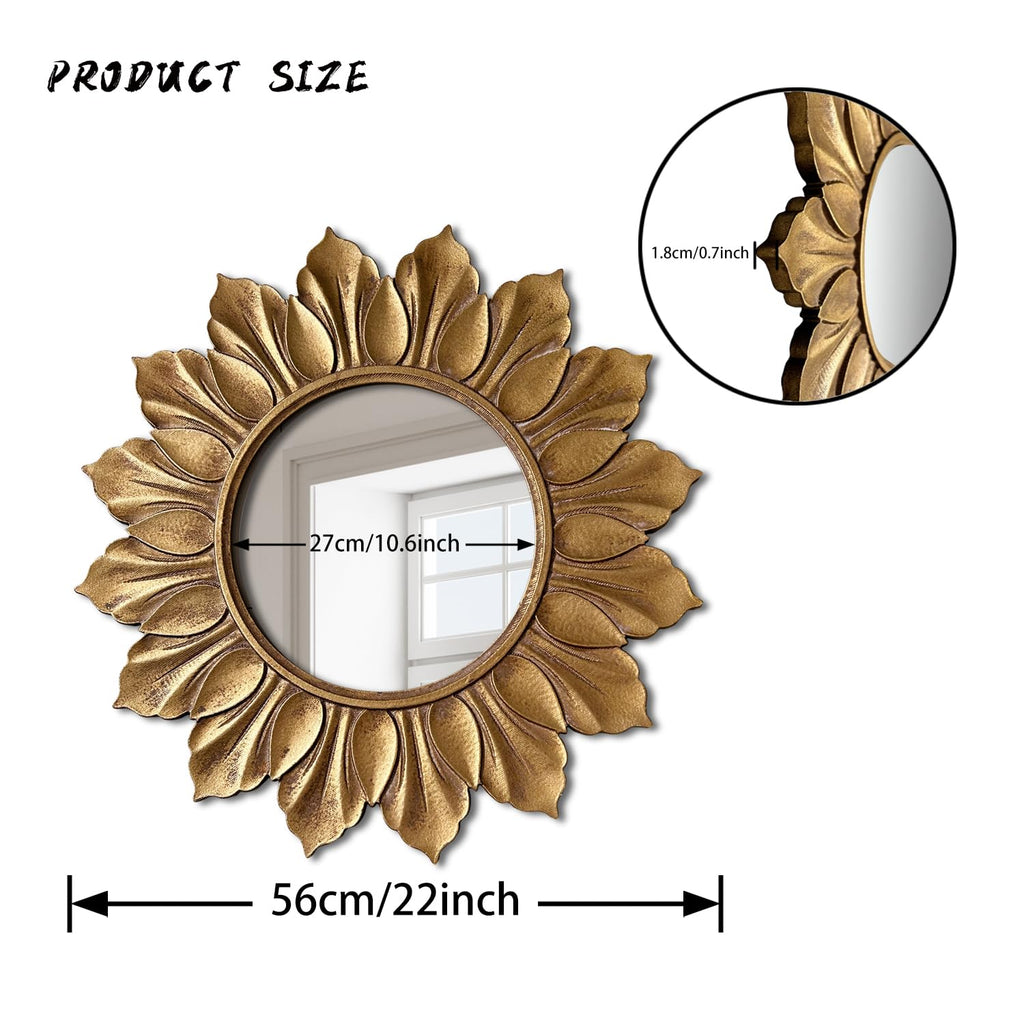 Sunflower Sunburst Wall Mirror, 22" Distressed Gold Wooden Frame